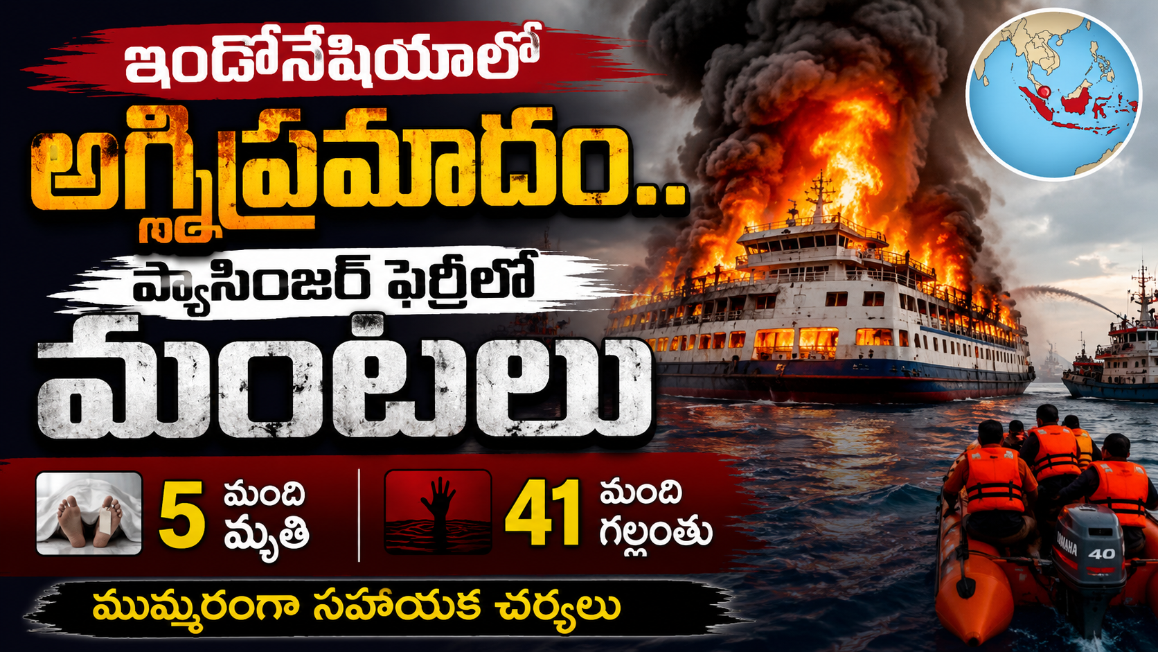 ఇండోనేషియాలో ఘోర ఫెర్రీ అగ్నిప్రమాదం.. ఐదుగురు మృతి, 41 మంది గల్లంతు.. ముమ్మరంగా కొనసాగుతున్న సహాయక చర్యలు